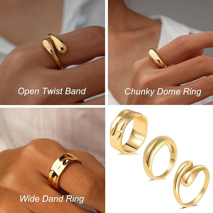 Chunky Gold Rings for Women Non Tarnish, 18K Gold Plated Statement Dome Rings Stacking,Thumb Ring, Mens Silver Eternity Wedding Band Jewelry Size 5-11