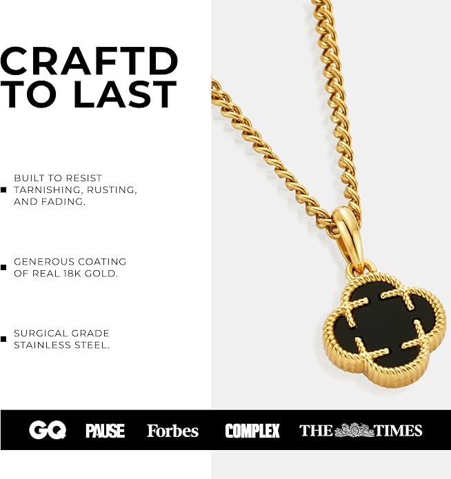 CRAFTD - Black Onyx Clover Stone Pendant Necklace - A Symbol of Luck - 20.5" (2mm) Cuban Link Chain - Mens Jewlery - Hypoallergenic - Waterproof, Heat & Sweat Resistant