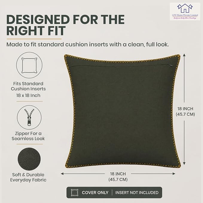 LFH Home Military Green Cotton Rich Throw Pillow Covers 18x18 Set of 2, Decorative Cushion Covers with Blanket Stitch Edge, Farmhouse Accent Pillow Cases for Sofa Couch Bed Living Room, 18 x 18 Inch