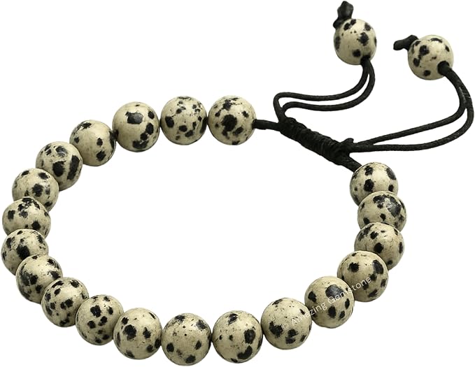 Amazing Gemstone Dalmatian Jasper Bracelet, Gifts for Men & Women - Protection Healing Crystal Bracelet - 8mm Gemstone Beaded Adjustable Bracelet, Pulseras para Hombres Mujer Stocking Stuffers