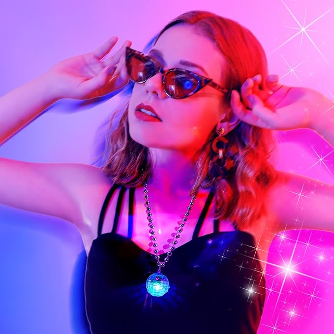 Sasylvia 12 Pcs LED Disco Ball Necklaces Light up Bead Necklaces 70s Disco Party Favors Glow in The Dark Bead Jewelry Costume Accessories for New Year Party Dance Supplies(Multicolor)