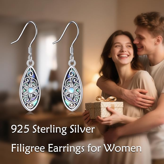 TIGER RIDER Abalone Shell Dangle Earrings 925 Sterling Silver Moonstone Filigree Jewelry Gifts for Women Birthday