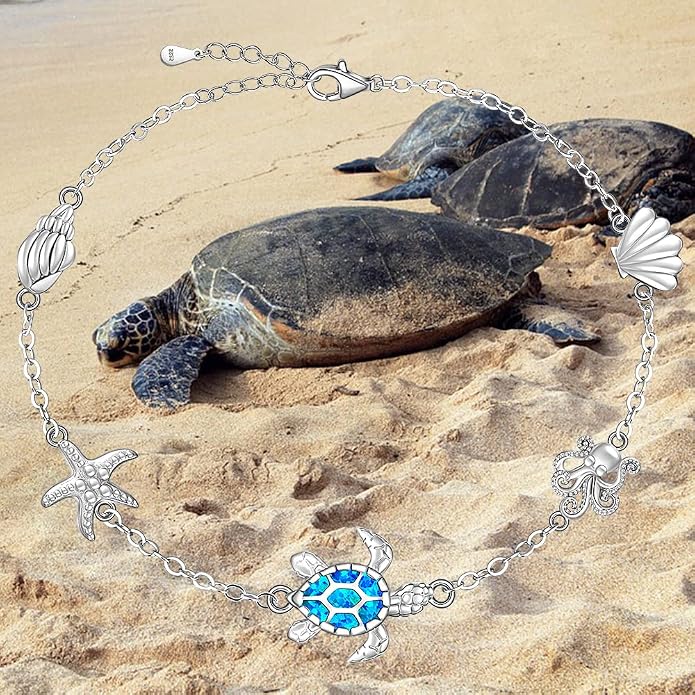 Sea Turtle Ankle Bracelets for Women Blue Opal Sterling Silver Beach Starfish Octopus Conch Ocean Anklets Jewelry Gifts
