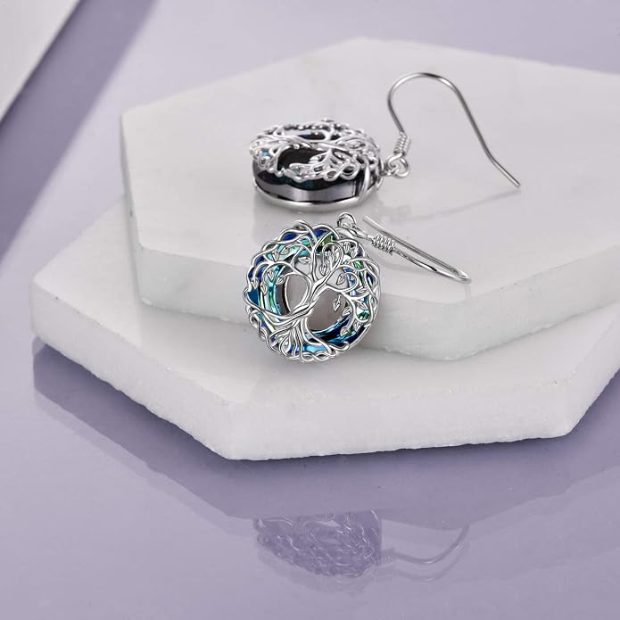 POPLYKE Celtic Tree of Life Earrings for Women Sterling Silver Family Tree Abalone Shell/Volcano Crystal Dangle Earrings Jewelry