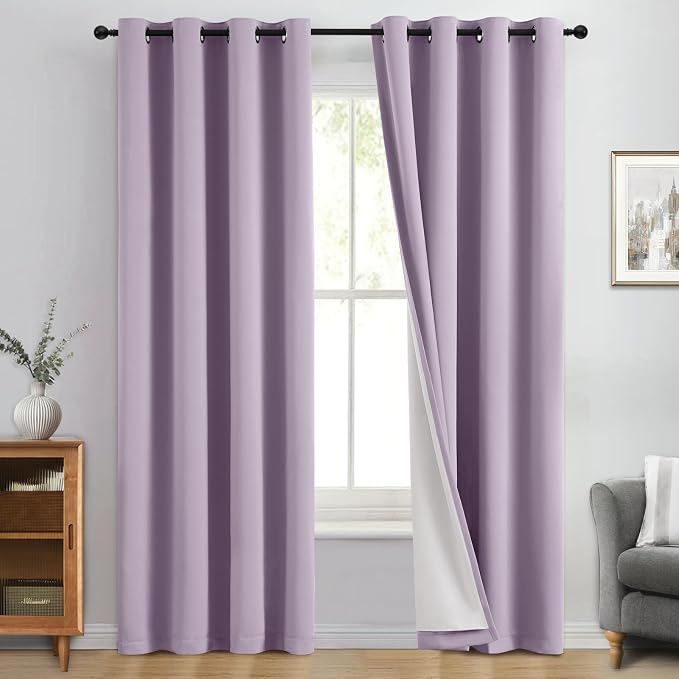 Yakamok Lilac 100% Blackout Curtains 84 Inches Long for Bedroom 50" Wide | Blackout Curtain Panels for Bedroom, 2 Thick Layers Grommet Top Thermal Insulated Drapes with White Back for Living Room