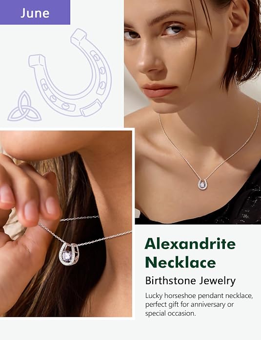 925 Sterling Silver Horseshoe Necklace for Women Round Gemstone Birthstone Necklace Sapphire/Emerald/Ruby/CZ Horse Shoe Pendant Necklaces Jewelry Gift