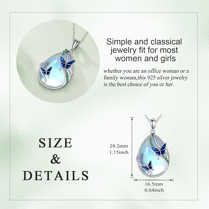 KQF Dragonfly/Butterlfy/Cat/Jellyfish/Bunny/Axolotl/Bee/Mermaid/Hummingbird/Elephant Necklace for Women Sterling Silver Moonstone Pendant Necklace Dragonfly Jewelry Gifts for Women