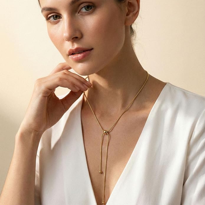 18k Gold Long Necklace for Women Dainty Snake Chain Bolo Adjustable Minimalist Round Bead Jewelry Trendy Simple Aesthetic Gifts for Her