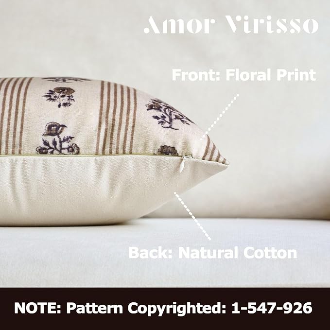 Amor Virisso Floral Throw Pillow Covers 12 x 20 Set of 2 Block Print Pillow Covers Neutral Floral Striped Farmhouse Decorative Pillow Covers for Sofa Couch Bed, Brown