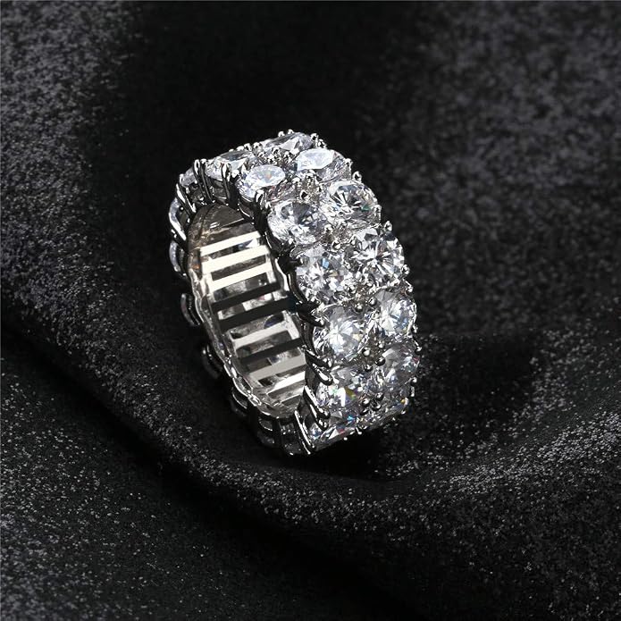 TOPGRILLZ 2-Row Cubic Zirconia Band Ring for Men & Women, 14K Gold Plated Brass, 9 mm Wide Iced-Out Eternity, Sizes 6-12, Golden or Silvery