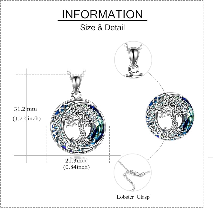 Tree of Life Necklaces S925 Sterling Silver Crystal Tree of Life Pendant Necklace Celtic Knot Moon Tree of Life Jewelry for Women Gifts