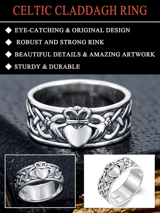 Seiyang Claddagh Ring 925 Sterling Silver Celtic Ring Jewelry Irish Band Gift for Men Women (with Gift Box)
