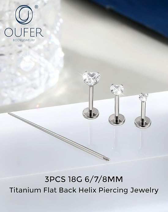 OUFER 18G 6/7/8MM Flat Back Cartilage EarRings-3PCS Gold Titanium Extended Internally Threaded Lip Piercing 2/3/4MM Round Clear CZ Helix Piercing Jewelry