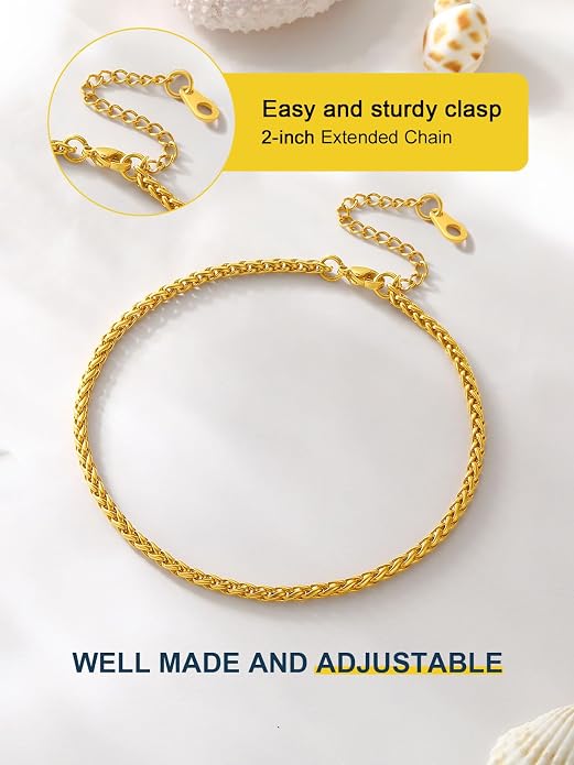 ChainsPro Resizable Anklet Chain for Women Men, Figaro/Wheat/Twist Rope/Cuban Foot Bracelet-Strong with Good Clasp-18K Gold Plated(Send Gift Box)