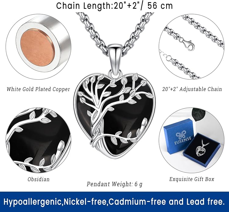 Eusense Tree of Life Necklace for Women White Gold Plated Copper Moonstone/Turquoise/Black Onyx/Crystal Birthstone Pendant Jewelry Gifts for Women Men