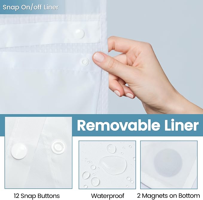 EUTXL Heavyweight Stall No Hook Shower Curtain with Snap in Liner,256GSM Waffle Weave Shower Curtains for Bathroom,60W x 74H,White