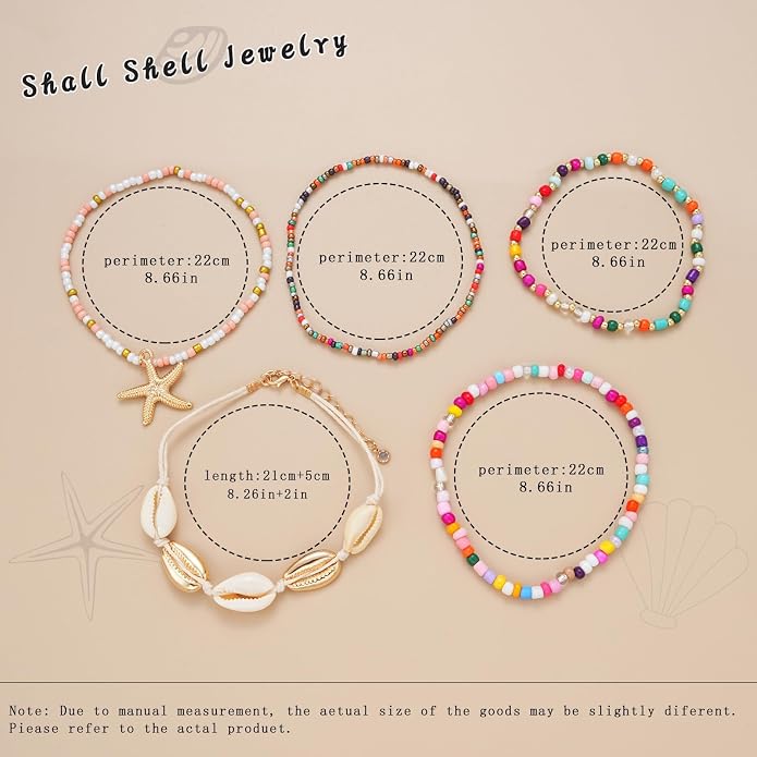 Boho Shell Ankle Bracelet Set for Women, 5 Pairs 14K Boho Bead Handmade Adjustable Anklet, Hawaiian Beach Seashell Starfish Foot Jewelry Gifts