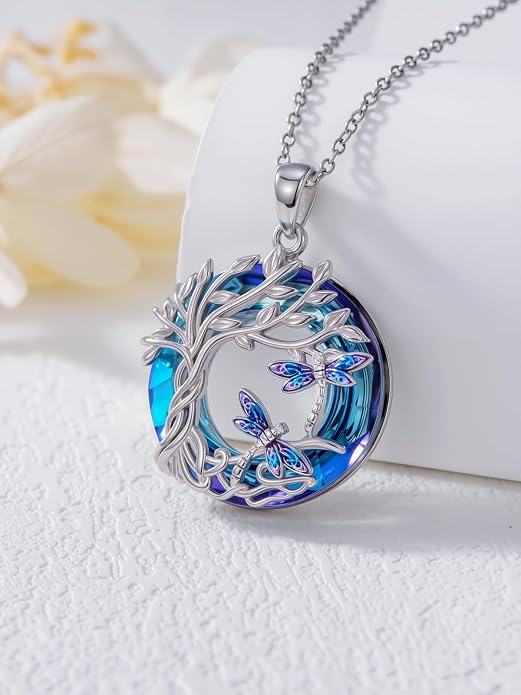 TOUPOP Sterling Silver Tree of Life Hummingbird/Dragonfly/Owl/Panda Necklace Crystal Bird Jewelry Birthday Christmas Valentines Day Gifts for Her Girlfriend Mom