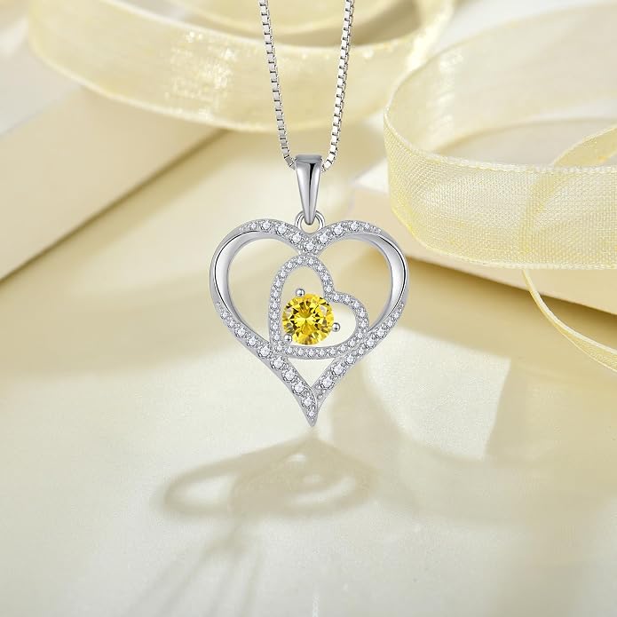 Love Heart Necklace for Women 925 Sterling Silver Birthstone Pendant Necklace Dainty Jewelry for Women Wife Mother Christmas Birthday Mother's Day Gift