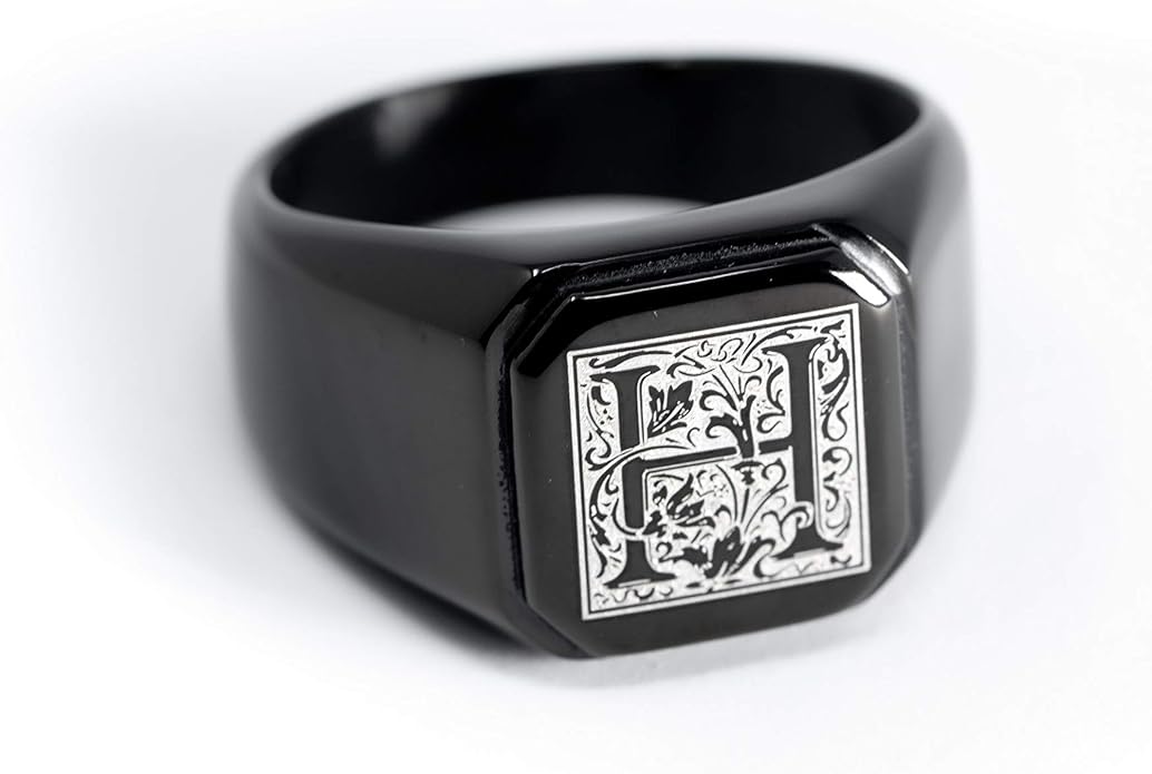 Jewelry | Stainless Steel Letter Alphabet Initial Ring | Square Flat Top Ring for Men & Women | Stainless Steel Jewelry, (Black, Gold, Silver), Size 7-16