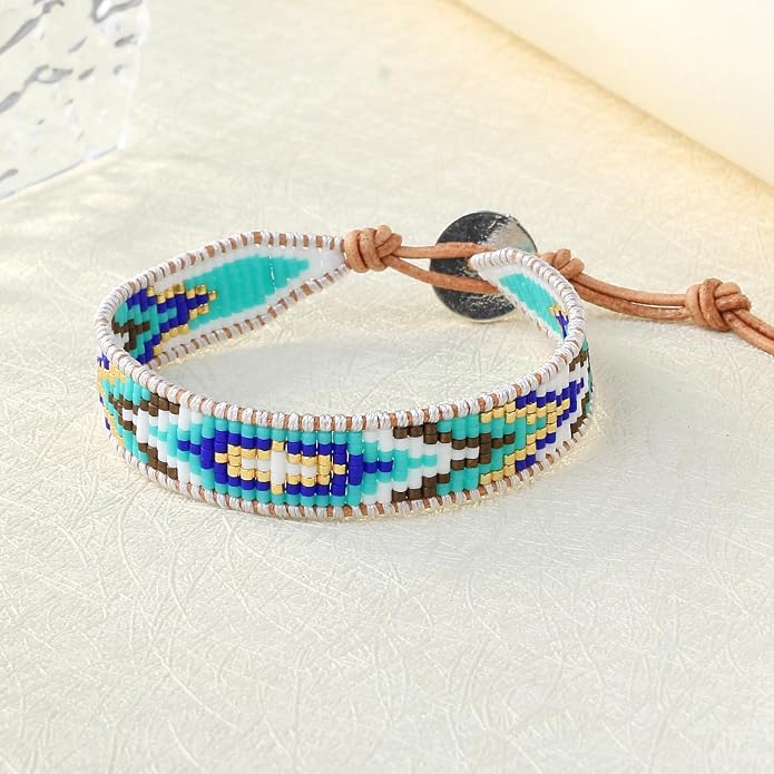KELITCH Crystal Miyuki Beads Stretch Friendship Bracelets Handmade Leather Wrap Bracelets for Women