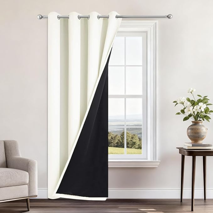 Yakamok Cream Blackout Curtains 84 Inches Long for Bedroom 52" Wide 1 Panel | Blackout Curtain Panels for Bedroom, 2 Thick Layers Grommet Top Thermal Insulated Drapes with Black Liner for Living Room