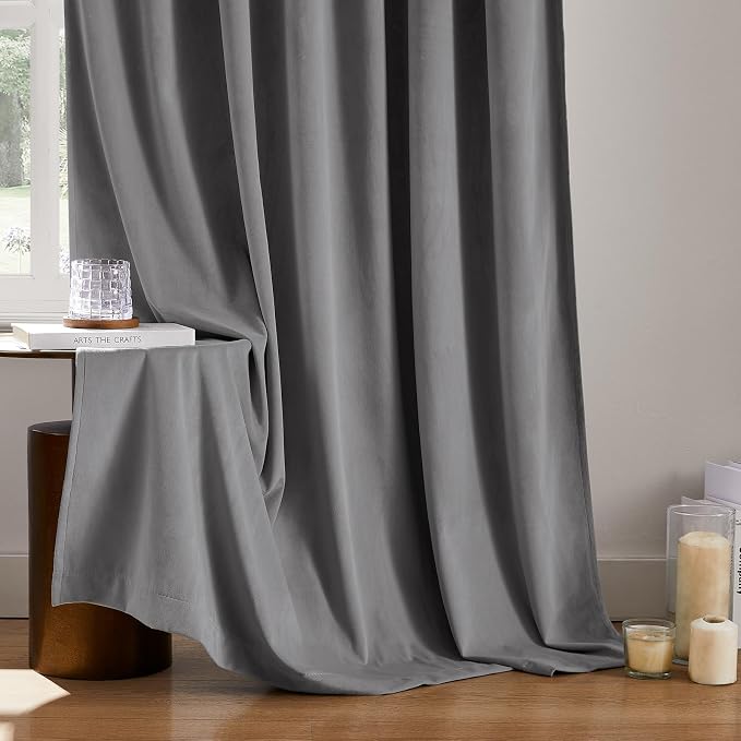 HOMEIDEAS 100% Blackout Silver Grey Velvet Curtains, Thermal Insulated Luxury Velvet Drapes for Bedroom, Living Room, Modern Farmhouse Decor, 52 x 84 Inch, 2 Panels