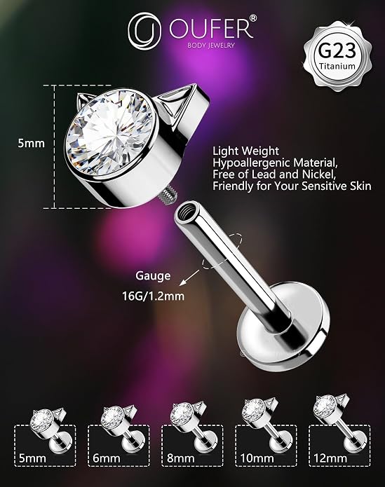 OUFER Cute Kitten Helix Piercing, Silver 16G Helix Earrings Flat Back Internally Threaded Helix Cartilage Piercing Jewelry for Women Men-8MM-6MM