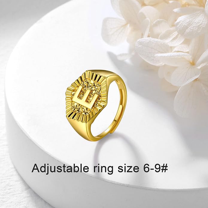 U7 Initial Ring Wedding Band for Men Women 18K Gold Plated Statement Hexagon A-Z Letter Jewelry Personalized Stackable Signet Rings