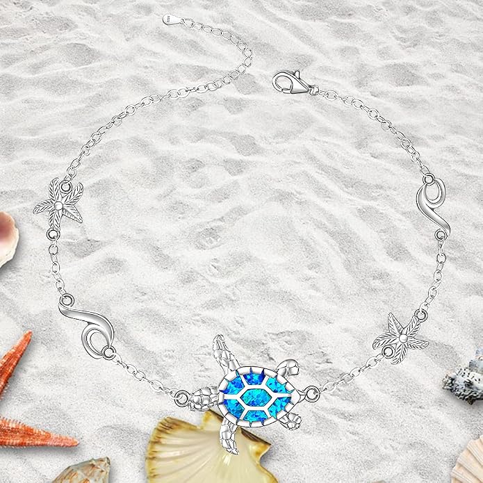 Sea Turtle Ankle Bracelets for Women Blue Opal Sterling Silver Beach Starfish Octopus Conch Ocean Anklets Jewelry Gifts