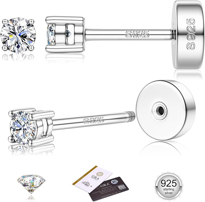 Moissanite Earrings for Men Women：Hypoallergenic Flat Back Earrings 925 Sterling Silver Stud Earring Small D Color VVS1 Moissanite 14K White Gold Plated Helix Cartilage Earring Studs Gift Jewelry