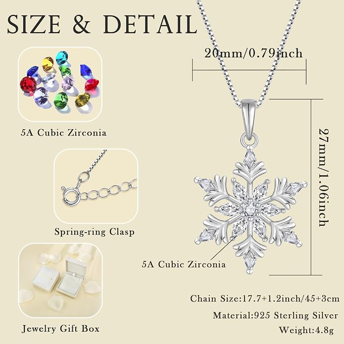 925 Sterling Silver Snowflake Necklace for Women Birthstone Snowflake Pendant Necklace Cubic Zirconia Christmas Jewelry