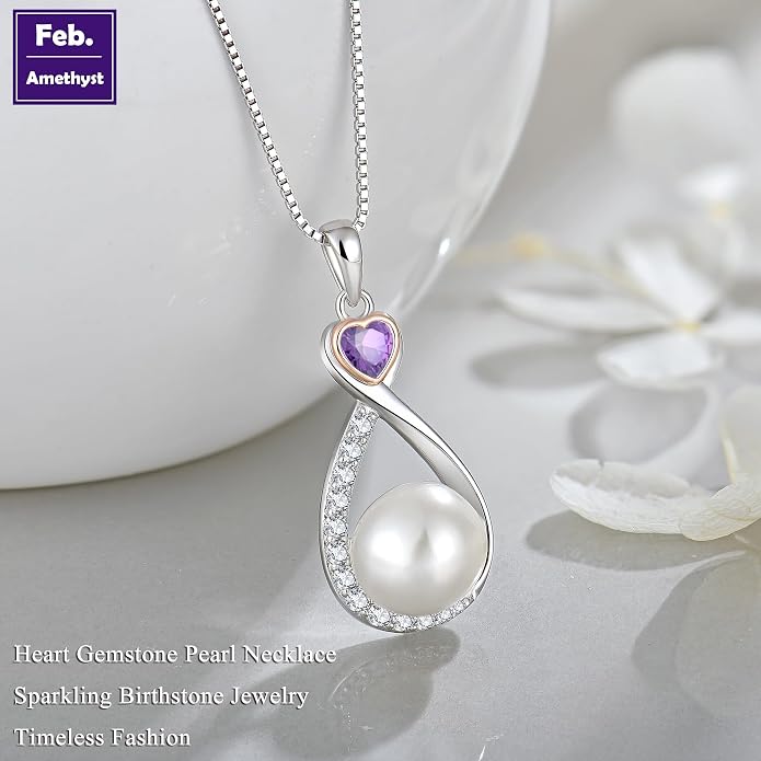 Heart Birthstone Pearl Pendant Necklace, 925 Sterling Silver Infinity Necklace with 10mm Freshwater Cultured Pearl & 4mm Gemstone Jewelry for Women