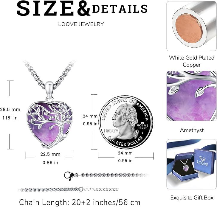 Turquoise/Amethyst/Moonstone/Black Onyx Tree of Life Necklace for Women Hummingbird Necklaces White Gold Plated Copper Jewelry
