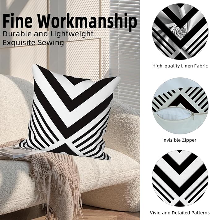 Geometric Throw Pillow Covers Black White 20x20 Set of 4 Boho Modern Minimalist Geometry Line Dot Western Square Decorative Pillow Cushion Cases for Outdoor Sofa Bedroom Couch Home Car