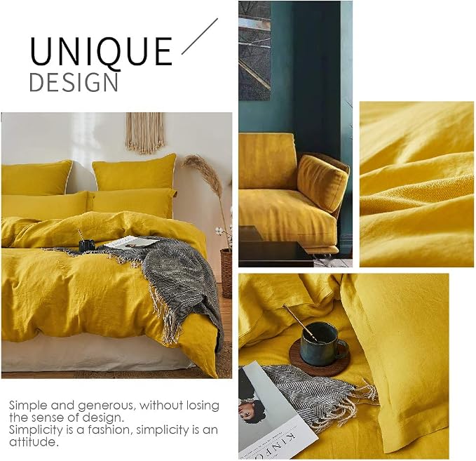 Simple&Opulence 100% Linen Duvet Cover Set 3pcs Basic Style Natural French Washed Flax Solid Color Soft Breathable Farmhouse Bedding with Button Closure - Mustard Yellow, King