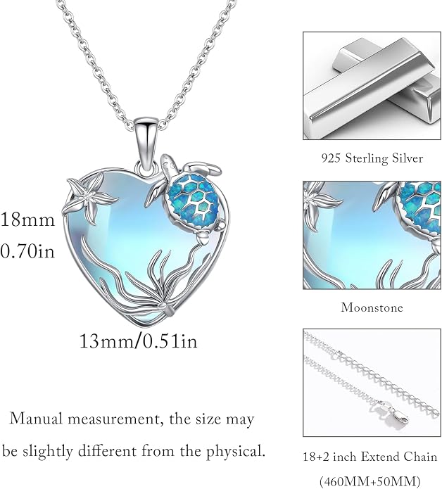 Sea Turtle/Seaweed Necklace for Women 925 Sterling Silver Heart of the Ocean Moonstone Pendant Necklace Turtle Moonstone Jewelry Gift for Wife Mom