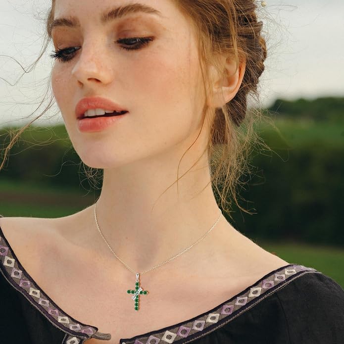 Rotated Crown Cross Necklaces for Women, 925 Sterling Silver Round Cut Zircon Neckalce Pendant With Ring Birthstones Jewelry for Her