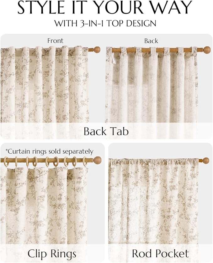 jinchan Taupe Floral Linen Curtains 96 Inch Farmhouse Back Tab 2 Panels | Flower patterned drapes, french country, light filtering, semi sheer, printed, bedroom, living room, office, window treatment