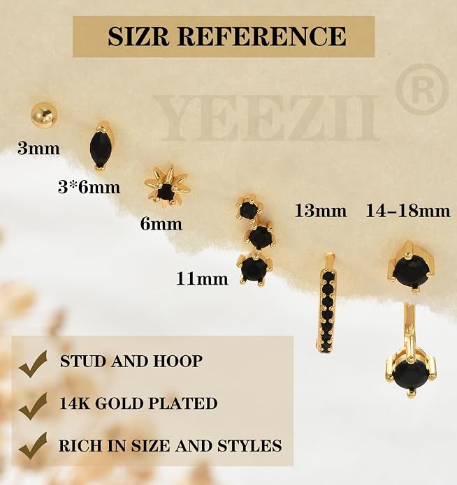 6 Pairs 14K Gold Plated Stud Earrings for Women, Hypoallergenic Cartilage Earrings for Multiple Piercing, Dainty Small Stackable Earrings Set for Jewelry Gift