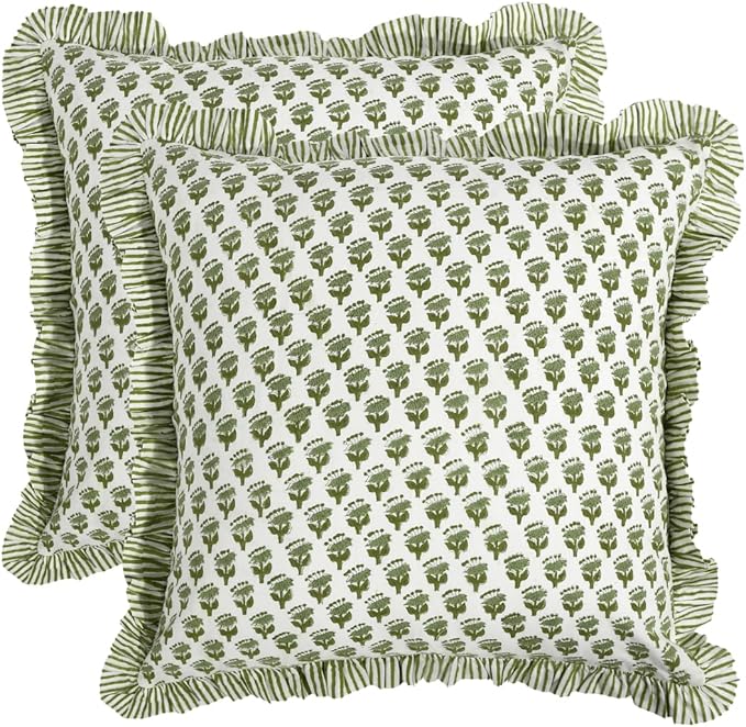 CPC Block Print Ruffle Throw Cover Emerald Green 16"x16" Inch Pack of 2-100% Cotton Ruffle Couch Decorative Boho Pillows Case for Living Room, Bedroom, Sofa, Farmhouse Gift for Spring, Mother's Day