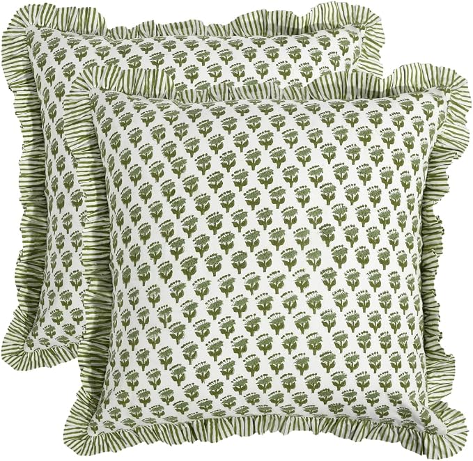 CPC Block Print Ruffle Throw Cover Emerald Green 20"x20" Inch Pack of 2-100% Cotton Ruffle Couch Decorative Boho Pillows Case for Living Room, Bedroom, Sofa, Farmhouse Gift for Spring, Mother's Day