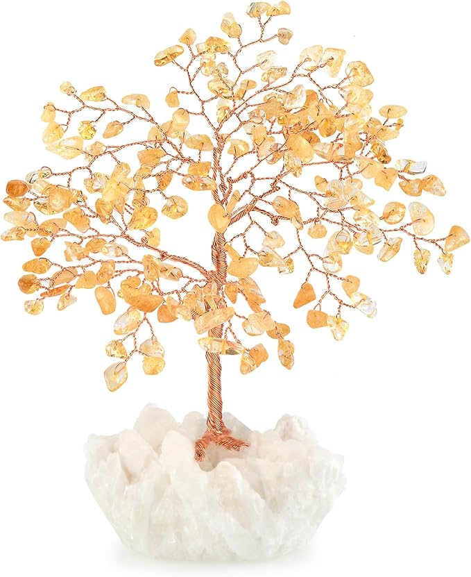 Natural Citrine Gemstone Crystal Tree of Life,Clear Quartz Cluster Base,Bonsai Money Tree Feng Shui Home Decor,Healing Crystals Positive Energy Gift for Luck and Wealth 5.5"-6.3"