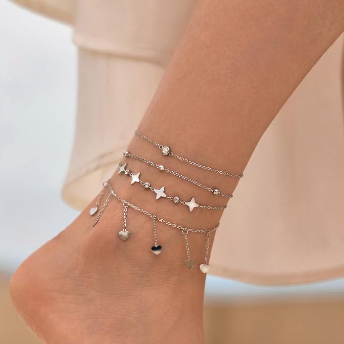 LOFITOR Ankle Bracelets for Women Glitter Waterproof Adjustable Anklet Set for Women 18K Gold Plated Silver Charm Dainty Layered Anklets, Summer Beach Anklet Jewelry for Women