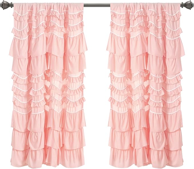 Lush Decor Kemmy Light Filtering Window Curtain Panel Single 52" W x 63" L Peachy Pink - Drapes - Ruffled Curtains for Bedroom - Pink Curtains - Coquette Decor