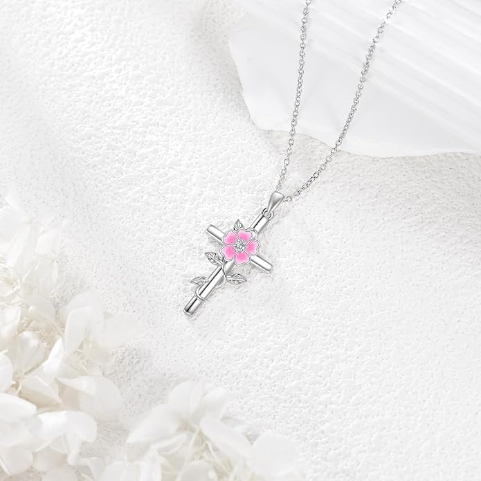 Flower Cross Necklace 925 Sterling Silver Carnation/Rose/Lily/Daisy Cross Necklace Birth Flower Jewelry for Women