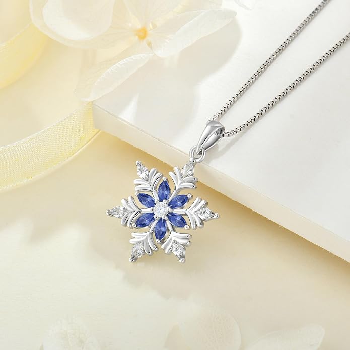 925 Sterling Silver Snowflake Necklace for Women Birthstone Snowflake Pendant Necklace Cubic Zirconia Christmas Jewelry