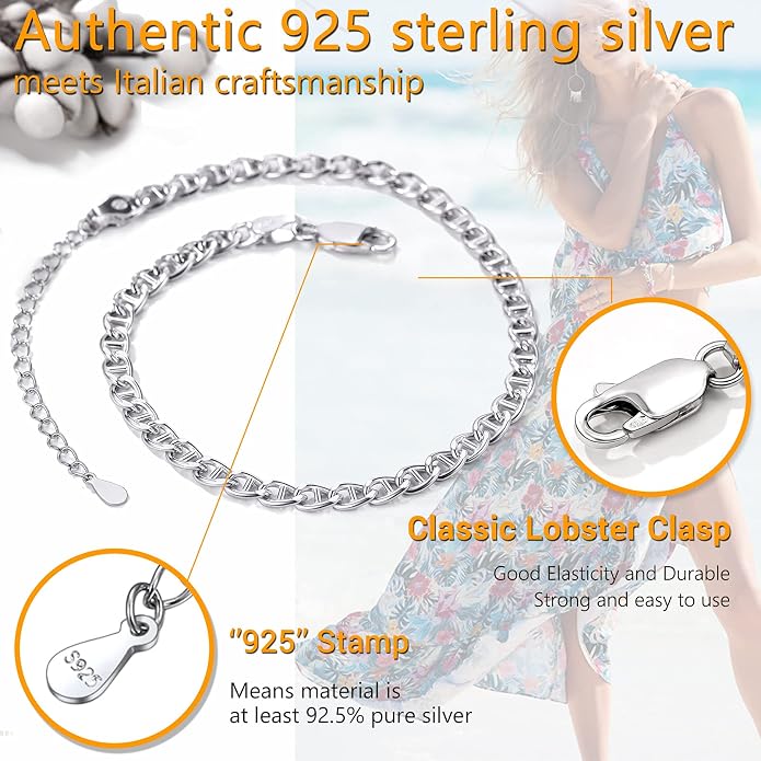 PROSILVER 925 Sterling Silver Ankle Bracelets For Women, Stylish Chain Anklets, Summer Beach Jewelry, 8.6-10.6 Inch Adjustable, Come with Box