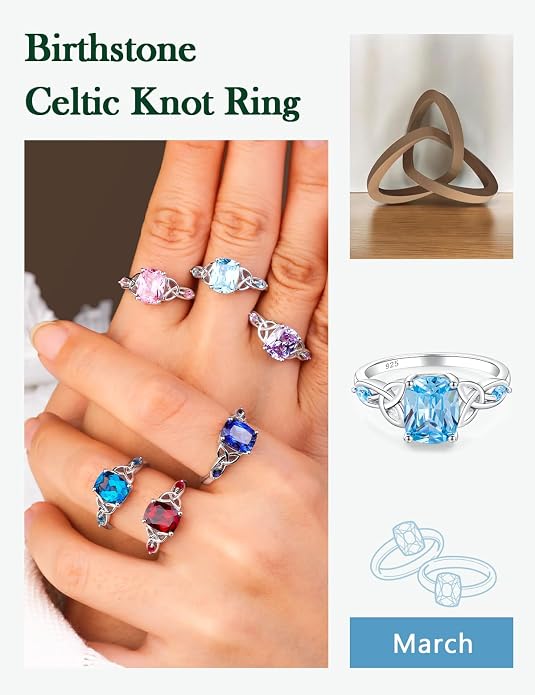 925 Sterling Silver Birthstone Rings for Women Cushion Cut Engagement Celtic Knot Ring Irish Jewelry Created Gemstone Anniversary Rings Size 6-10(with Box)