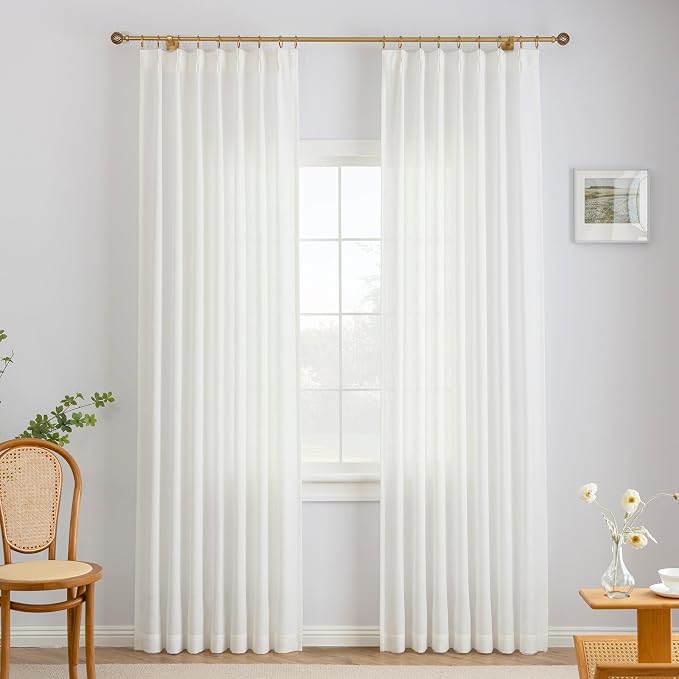 THREE GIRLS Liz Pinch Pleated Linen Curtains 100 Inches Long, Light Filtering Curtains for Living Room, Farmhouse Window Curtains for Bedroom, Modern Drapes with Hooks and Rings, White, 2 Panels Set